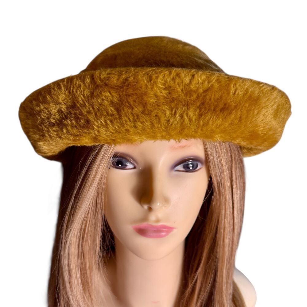 VTG MOD Duchess Italian Wool Felt Faux Fur Cloche Bucket Cossack Style Hat Amber